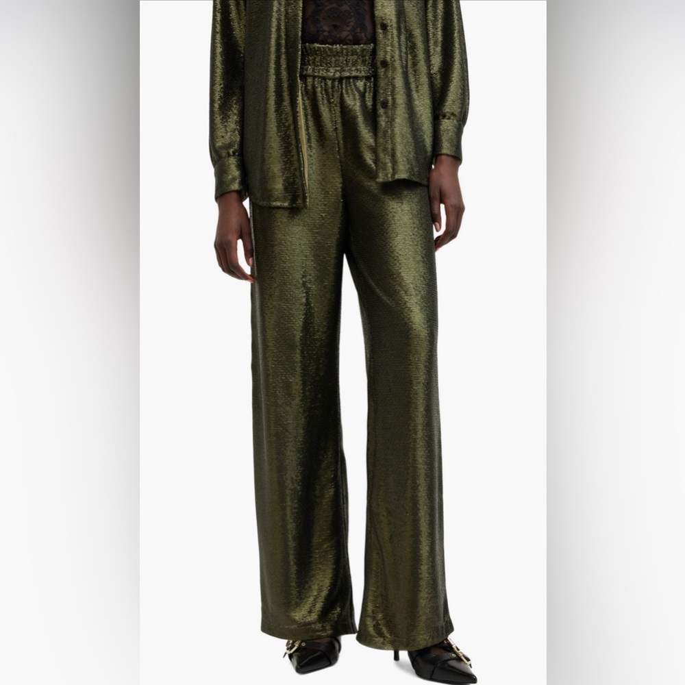 All Saints Charli Sequin Wide Leg Pant Olive Green Size 6 NWT